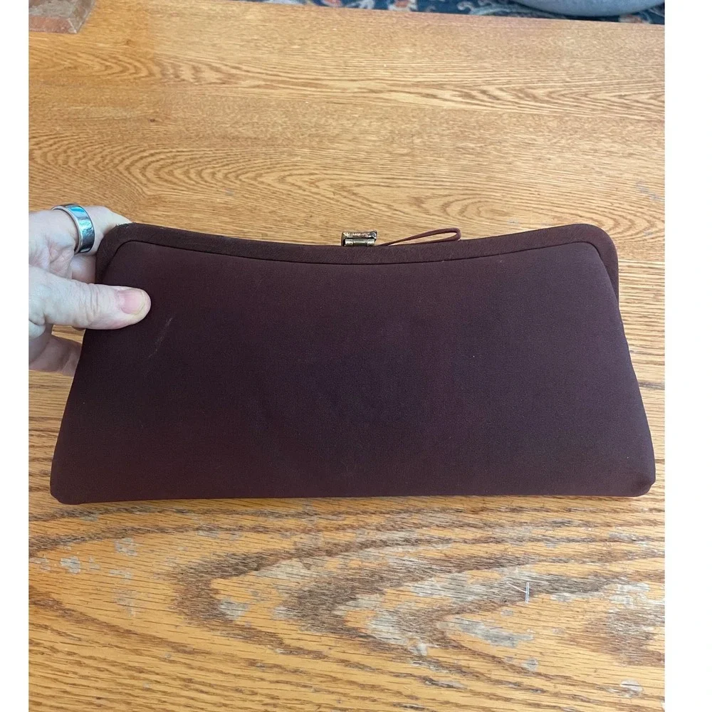 Vintage Brown Satin Bow Clutch Bag Gold Chain Shoulder Strap Evening Formal Bag